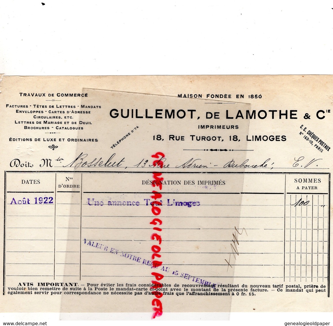 87-LIMOGES- FACTURE IMPRIMERIE GUILLEMOT & DE LAMOTHE-S.A. JOURNAUX PUBLICATIONS DU CENTRE-18 RUE TURGOT-1922 - Druck & Papierwaren