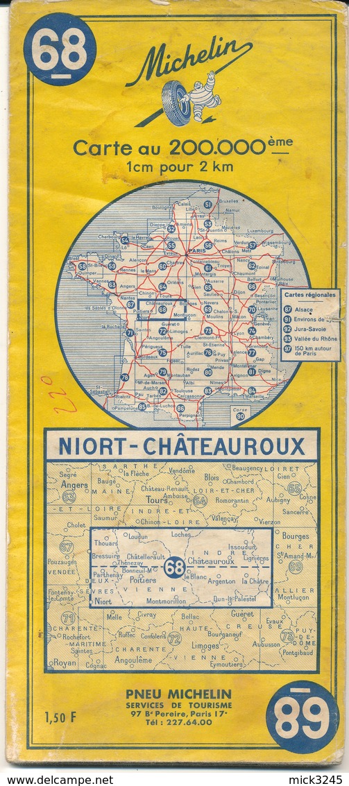 Carte Michelin N°68 Niort Châteauroux 1965 - Cartes Routières