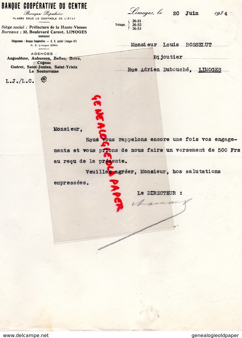 87 - LIMOGES- LETTRE BANQUE COOPERATIVE DU CENTRE-BANQUE POPULAIRE- 32 BOULEVARD CARNOT- 1934 - Banque & Assurance