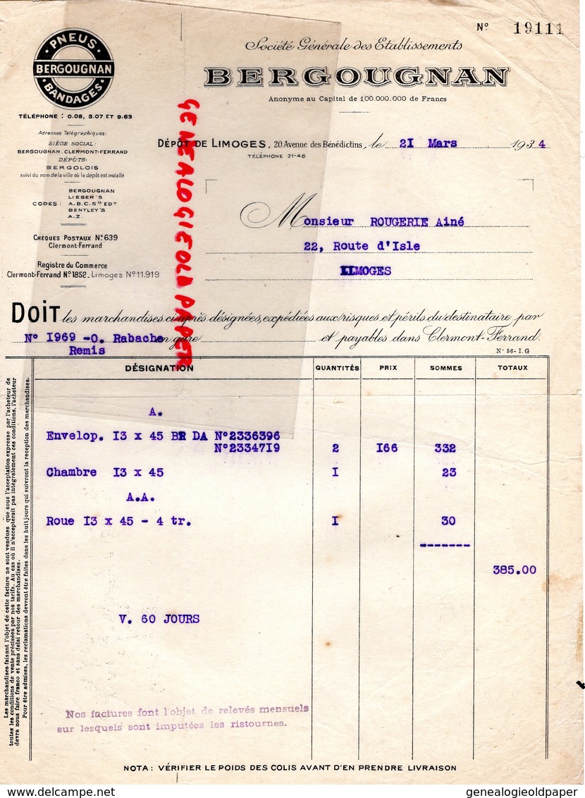 87 - LIMOGES - FACTURE BERGOUGNAN - PNEUS BANDAGES- SIEGE A CLERMONT FERRAND- 1934-20 AV. BENEDICTINS GARAGE - Auto's