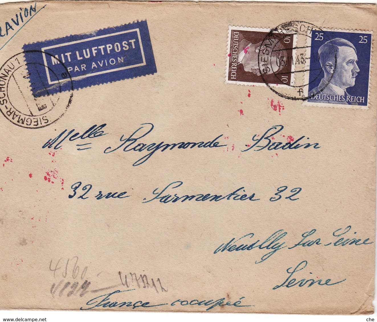 PRISONNIER DE GUERRE 40 45 STALAG LAGER SIEGMAR  VERS NEUILLY BANDE CENSURE LETTRE E GEOFFNET - Militaria