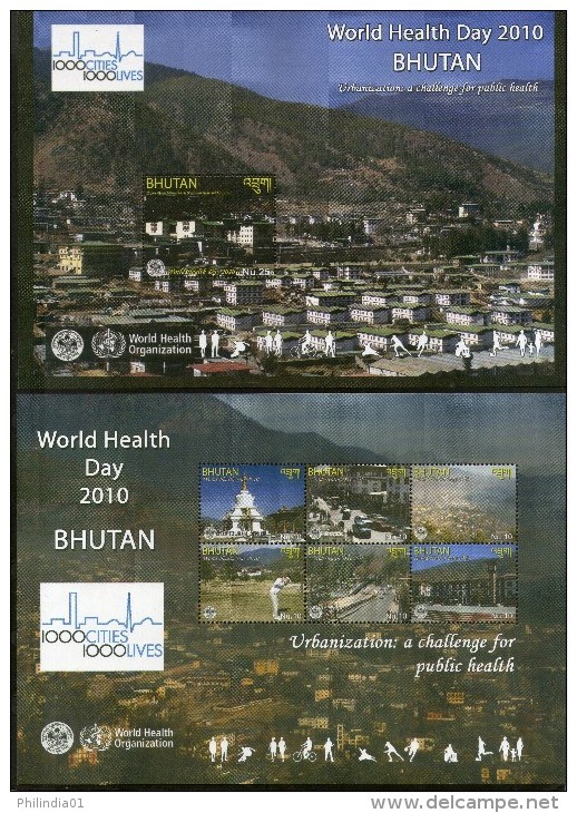 Bhutan 2010 World Health Day WHO 1000 Cities Golf  Buddha Temple Buildings Architecture 2xM/s MNH # 15103 - Bhutan