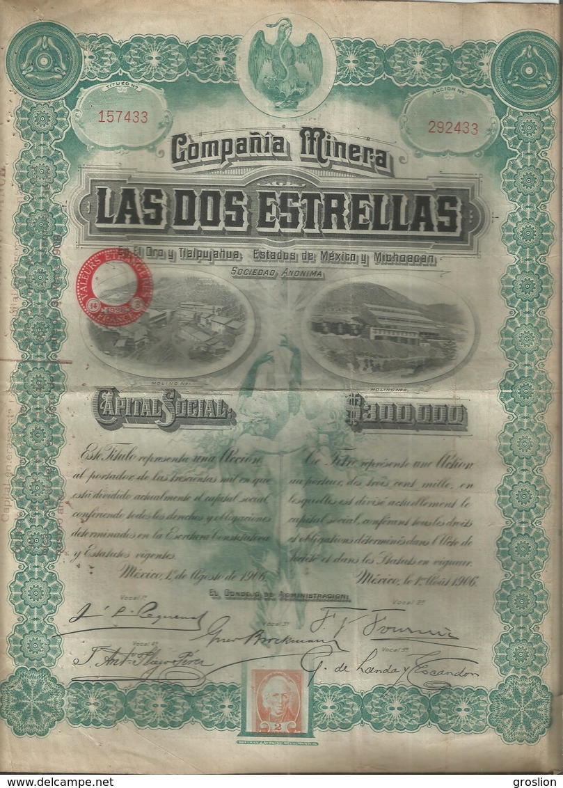 ACTION DE JOUISSANCE COMPANIA MINERIA LAS DOS ESTRELLAS MEXICO 1906 - Mines