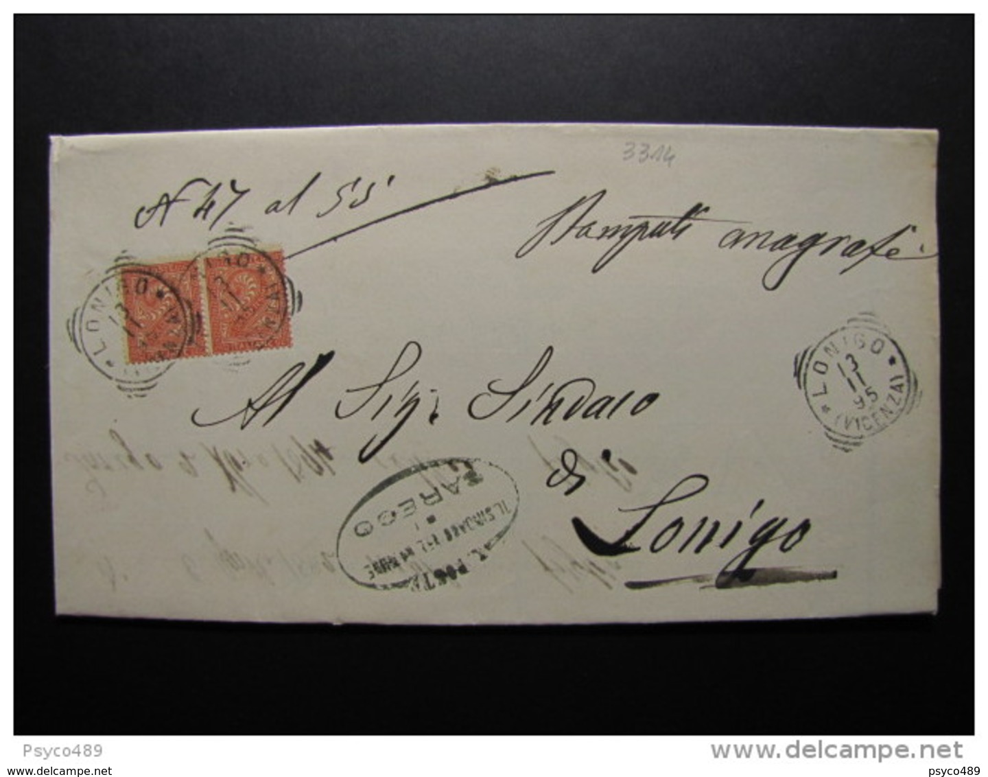 3314 ITALIA Regno-1866- "T 15 Torino" C. 2 Coppia SAREGO>LONIGO (descrizione) - Storia Postale