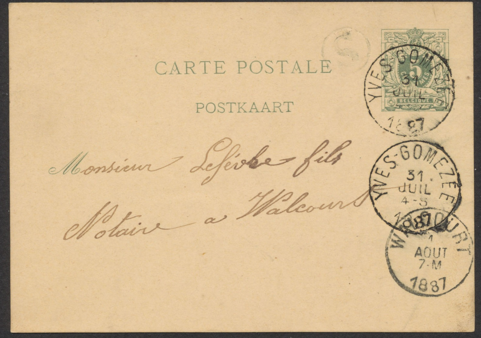 EP Au Type 5ctm Vert Obl Simple Cercle "Yves-Gomezée" (1887) + Boite Rurale "S" Vers Walcourt. - Tarjetas 1871-1909