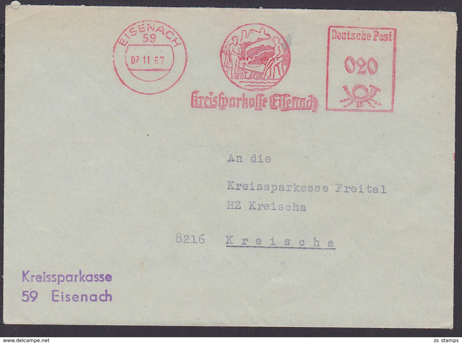 Eisenach AFS Kreisspakasse 7.11.67, Wartburg Und Landwirt Mit Pflug Und Spaten DDR - Maschinenstempel (EMA)