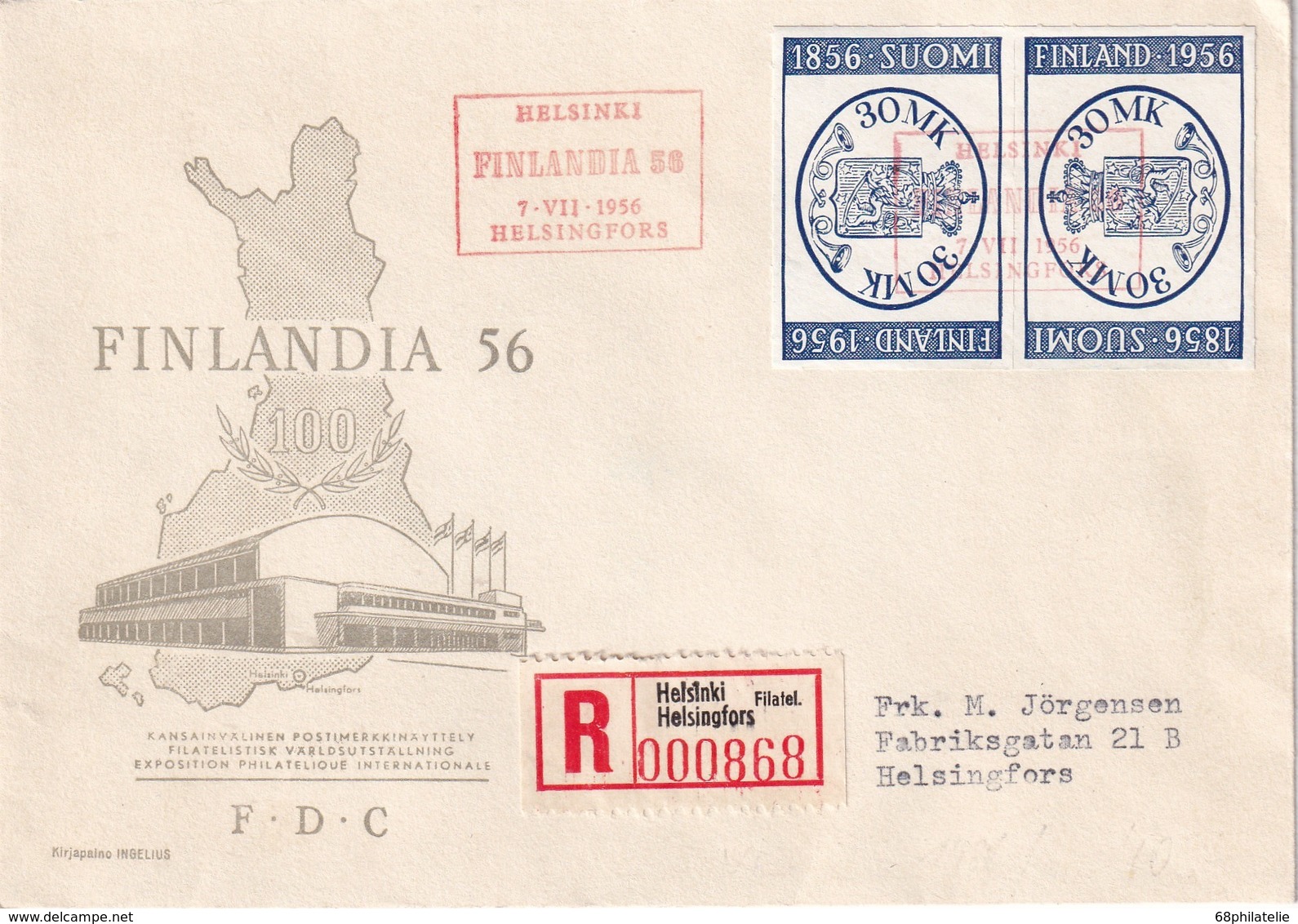 FINLANDE 1956 FDC RECOMMANDE DE HELSINKI - FDC