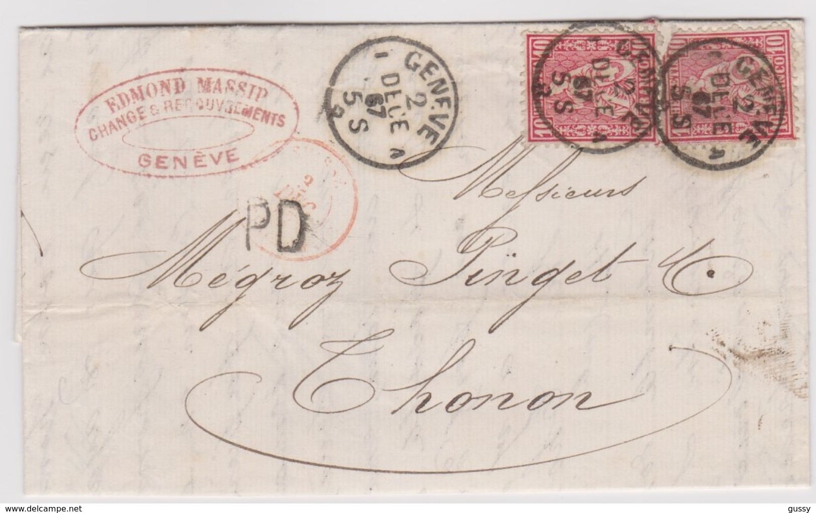 SUISSE 1867:   Lettre  De Genève à Thonon, Tarif Frontalier à 20c. - Brieven En Documenten