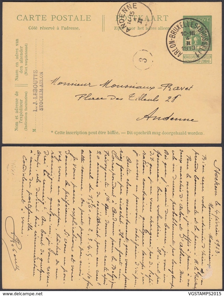 Belgique 1913 - EP Obl. Ambulant " Arlon-Bruxelles 1 "  (DD)DC 3009 - Cartes Postales 1909-1934