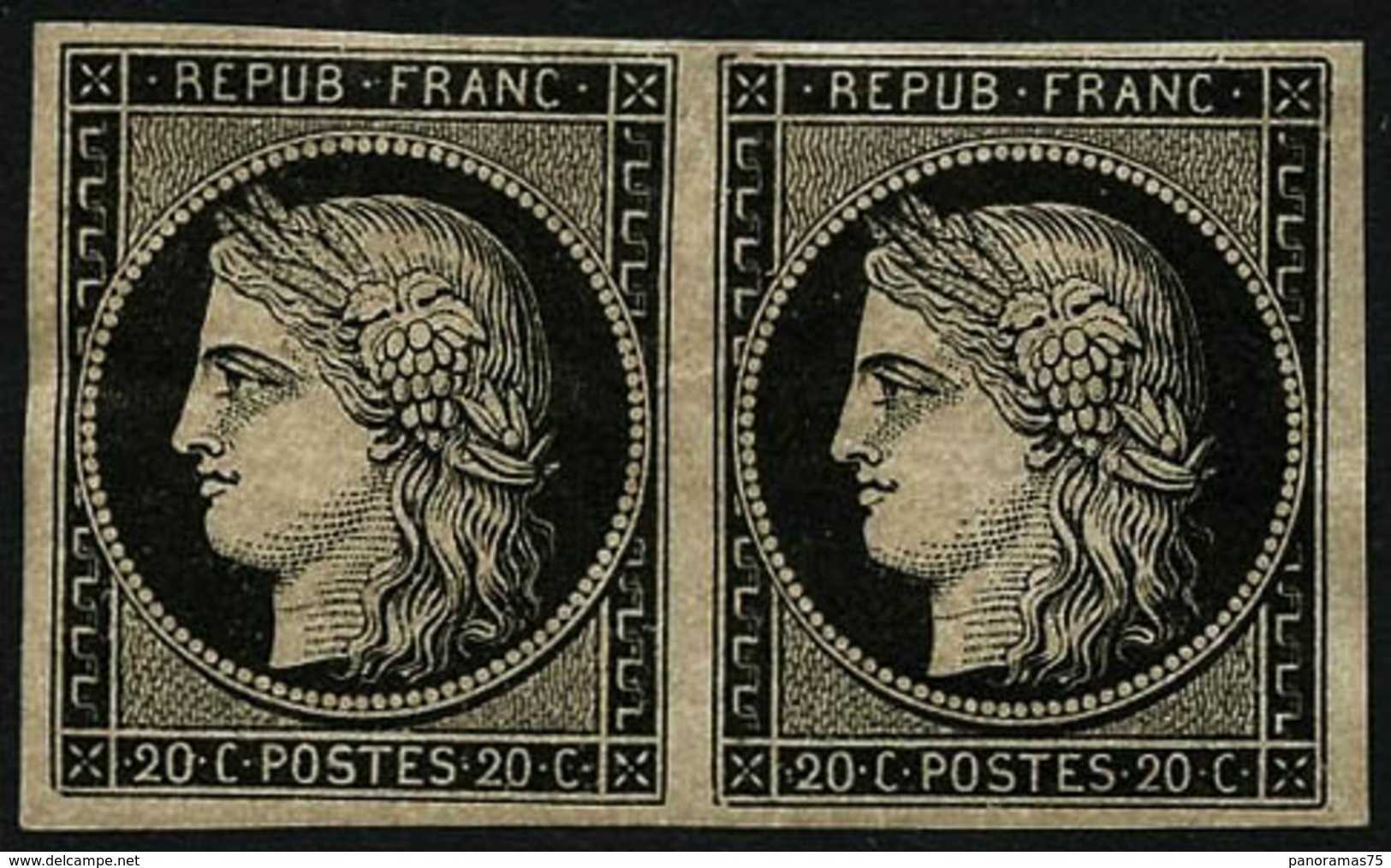 ** N°3 20c Noir S/jaune, Paire Luxe  - TB - 1849-1850 Ceres
