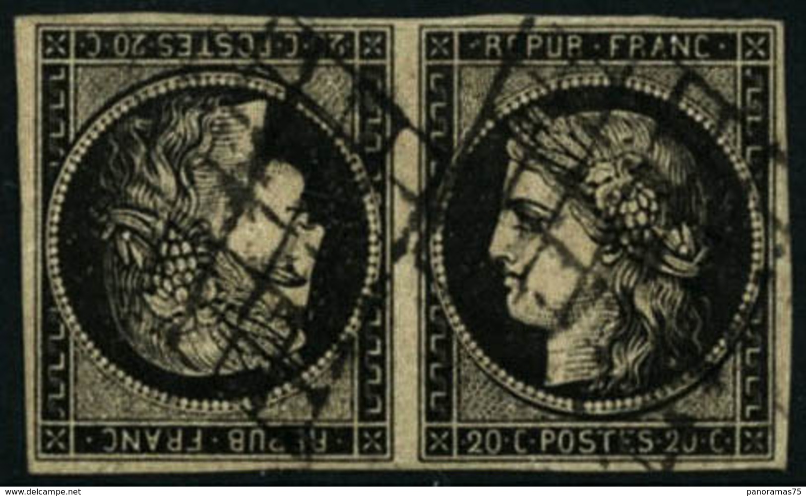 Oblit. N°3d 20c Noir S/jaune, Paire Tête-bèche, Oblitération Légère, Certificat Pigeron RARE - TB - 1849-1850 Cérès