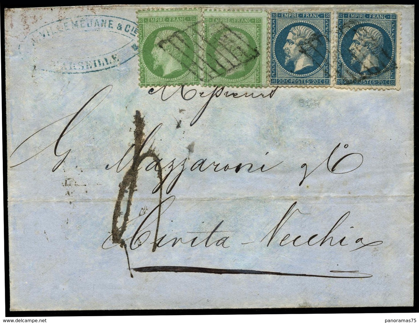 Lettre N°20 + 22 Combinaison Rare à 50c Taxée Pour Civita Vecchia - TB - 1862 Napoléon III