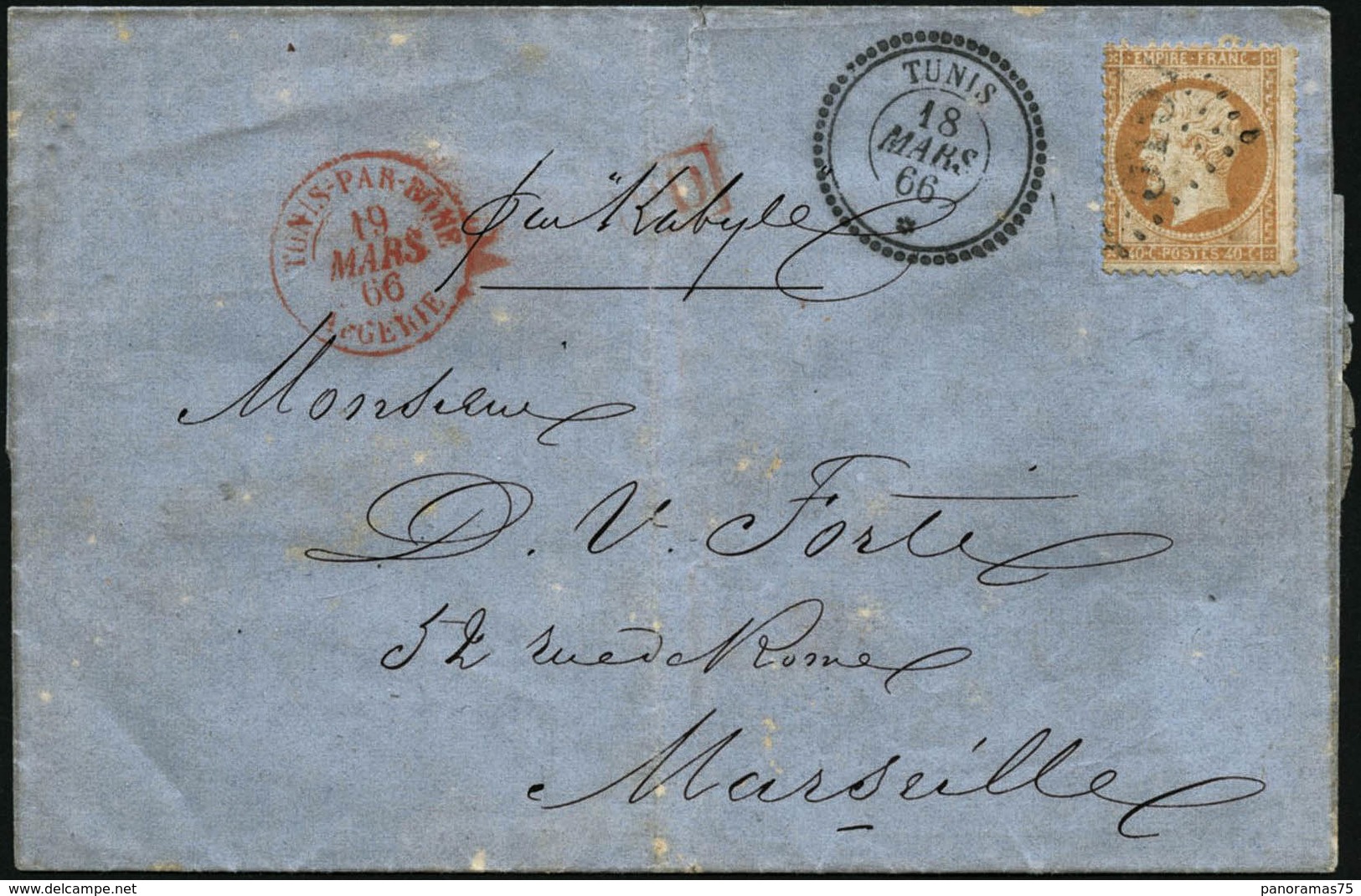 Lettre N°23 40c Orange S/lettre De Tunis 18/3/66 Pour Marseille 25/3/66 - TB - 1862 Napoleone III