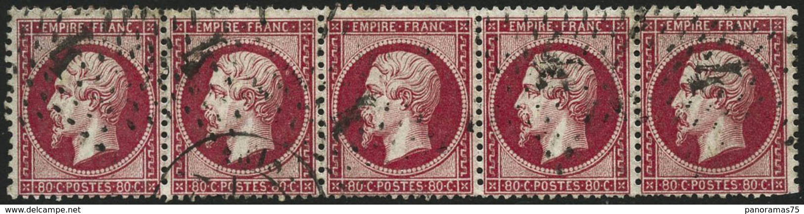 Oblit. N°24 80c Rose, Bande De 5, étoile 4 Un Tout Petit Pli D'angle Sinon - TB - 1862 Napoléon III.