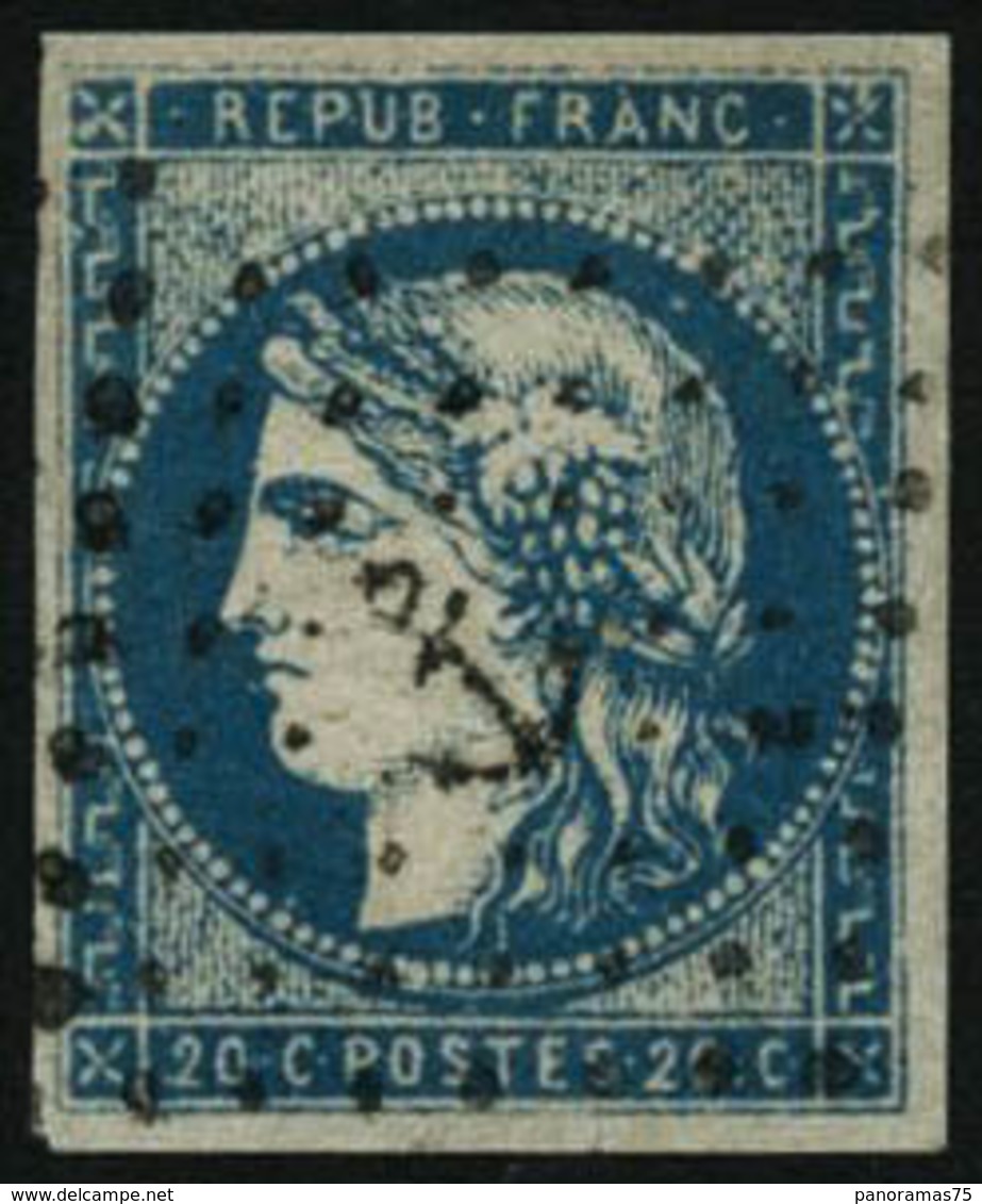 Oblit. N°44A 20c Bleu, Type I R1 Obl Ancre, Pli En Diagonale  - TB - 1870 Emissione Di Bordeaux