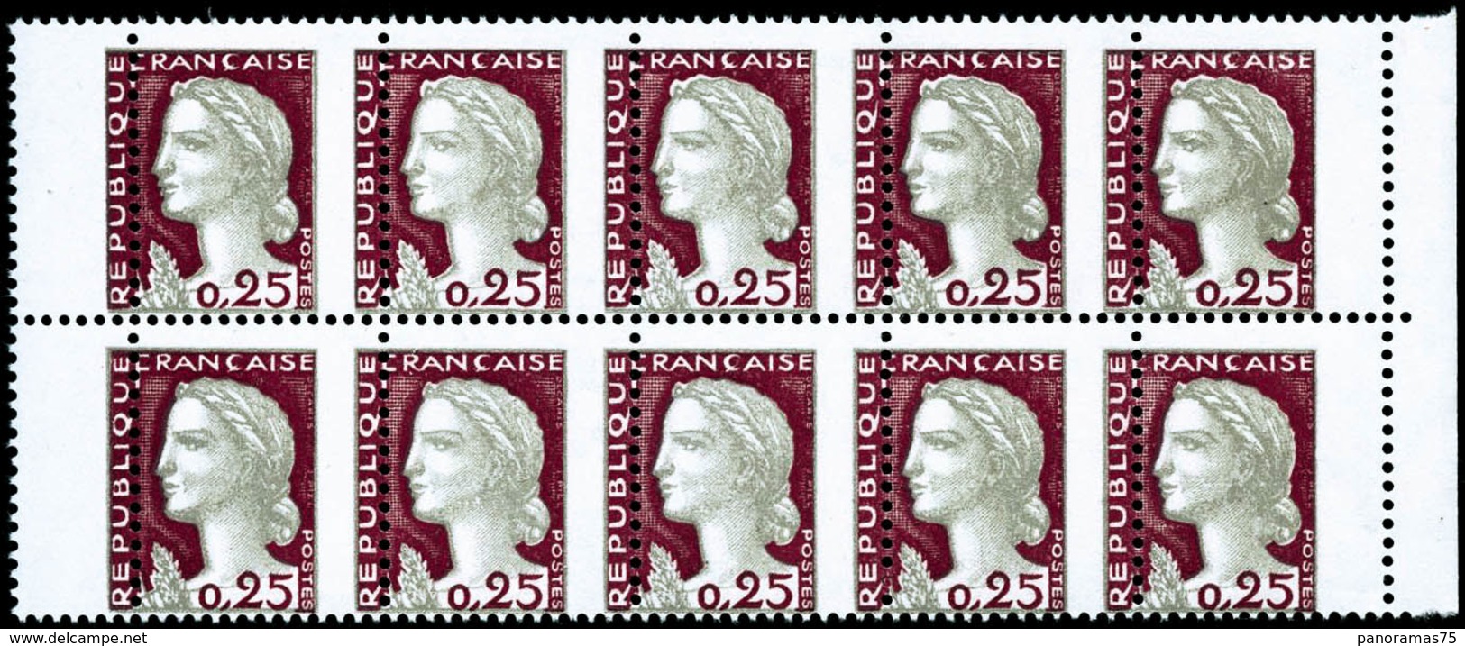 ** N°1263 25c Marianne Decaris, Bloc De 10 Superbe Variété De Piquage - TB - Otros & Sin Clasificación