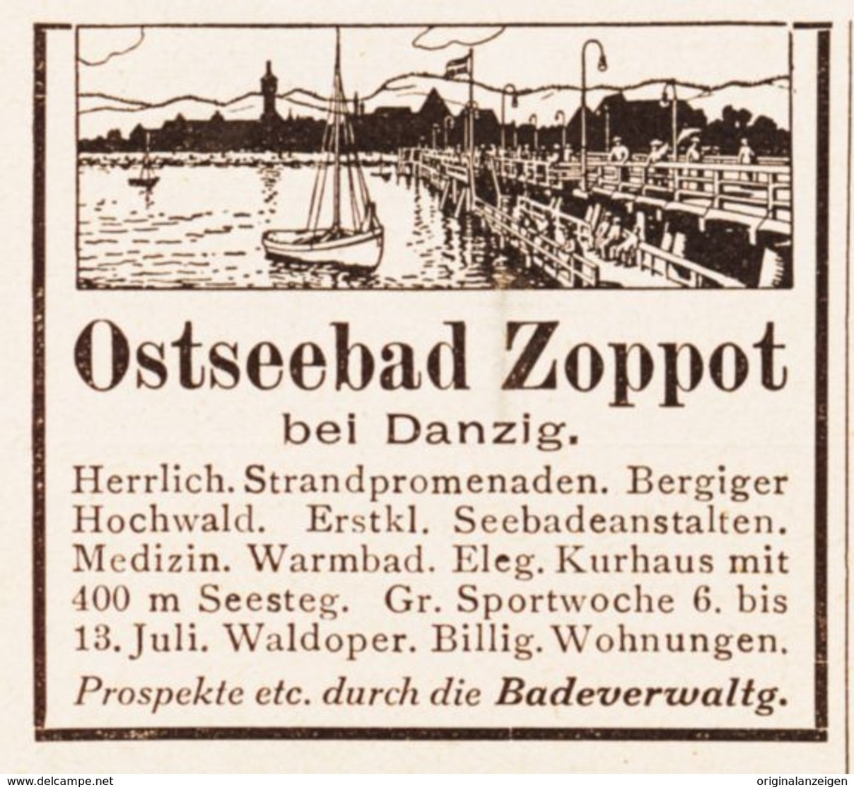 Original-Werbung/ Anzeige 1913 - OSTSEEBAD ZOPPOT BEI DANZIG - Ca. 45 X 45 Mm - Advertising