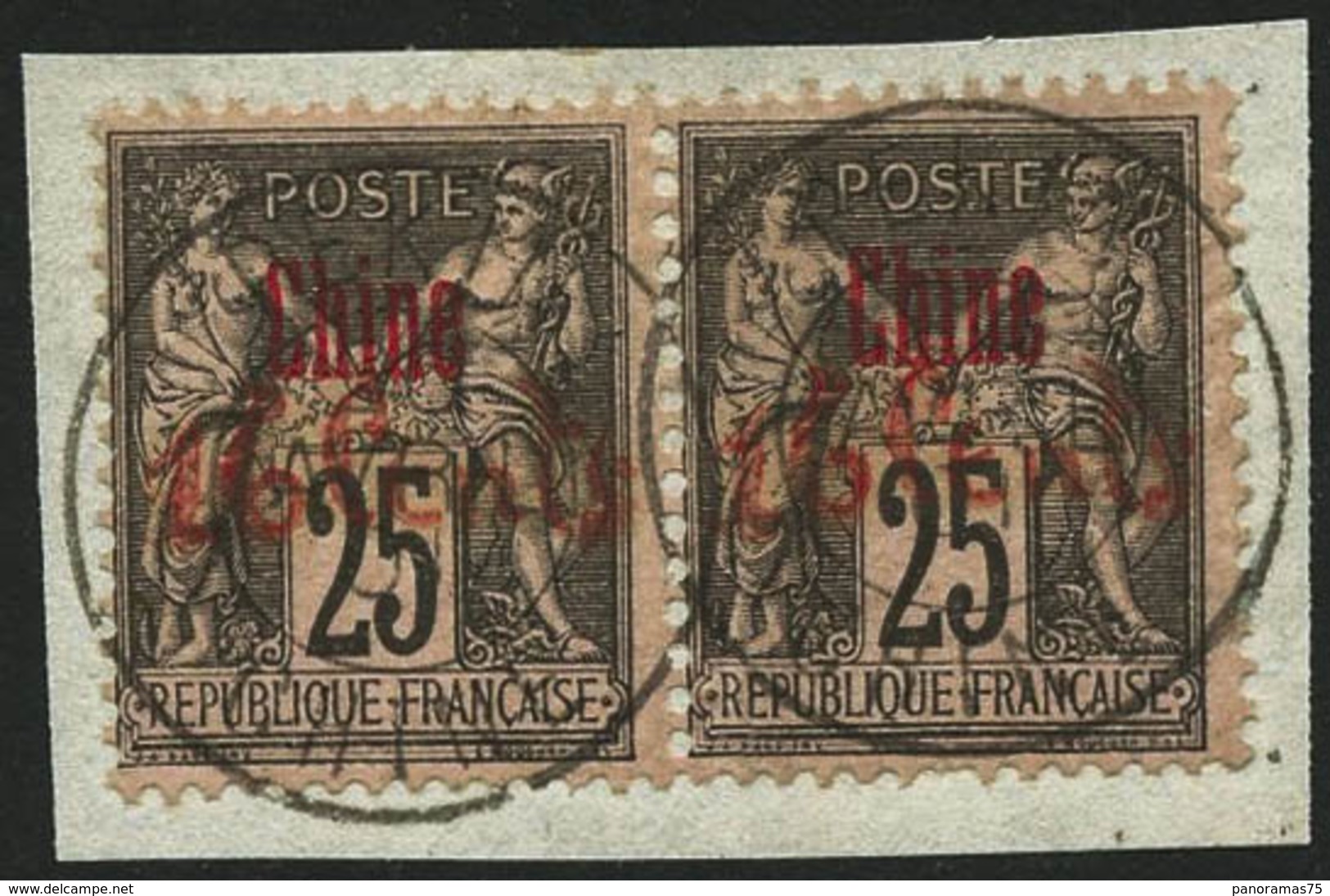 Oblit. S/fragment N°22 16c S/25c Noir S/rose, Paire Horizontal Signé Brun - TB - Otros & Sin Clasificación