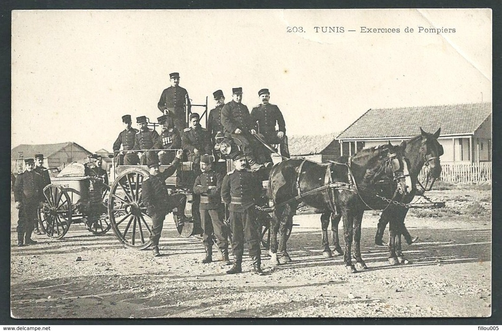 TUNISIE   TUNIS..ANIMEE...POMPIERS EXERCICES..ATTELAGE.. CHAR A BANCS..CITERNE A EAU..UNIFORMES....C3197 - Tunisie