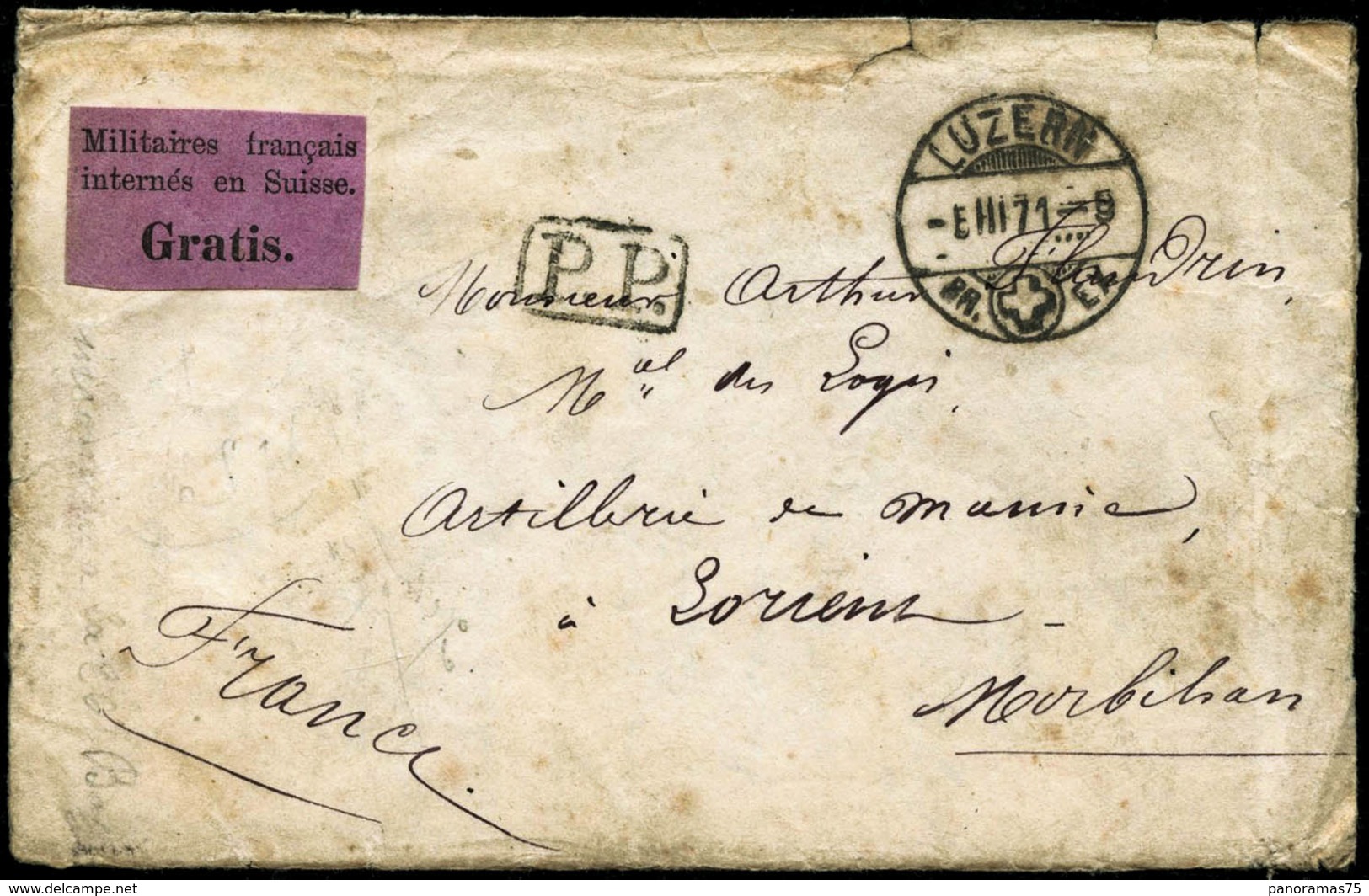 Lettre N°1 Vignette S/lettre De Lucerne De Mars 1871 Pour Lorient Avec Le Courrier Du Militaire Français Interné En Suis - Autres & Non Classés