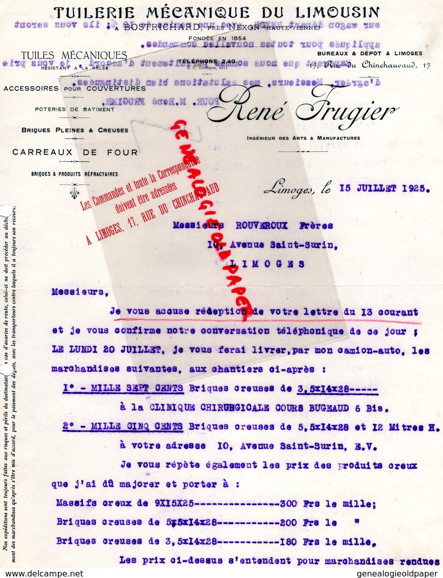 87- BOSTRICHARD NEXON- LIMOGES- RARE FACTURE RENE FRUGIER -TUILERIE MECANIQUE DU LIMOUSIN-TUILES-1925 - Old Professions
