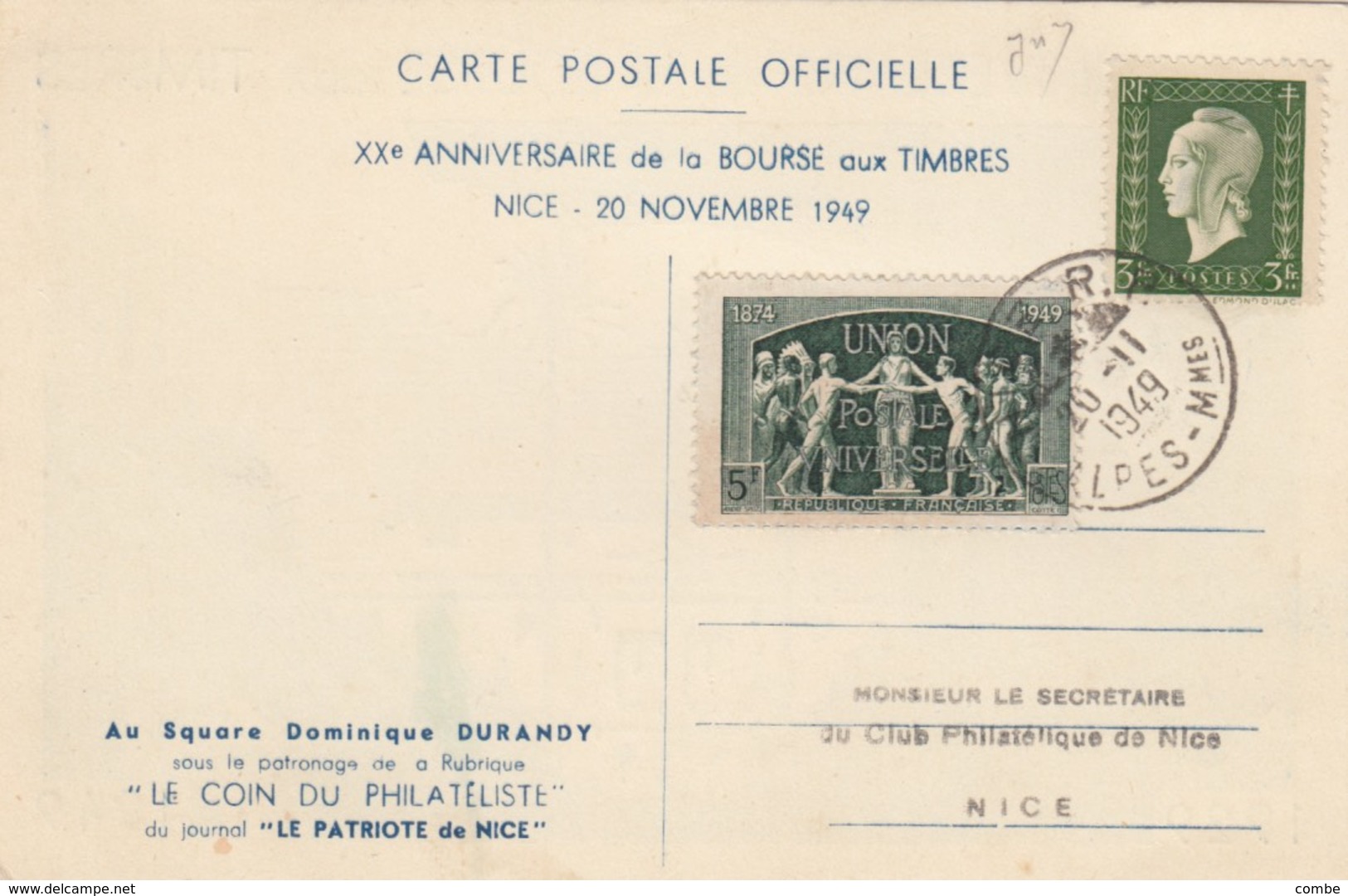 CARTE BOURSE AUX TIMBRES 1949 NICE - 1921-1960: Modern Period