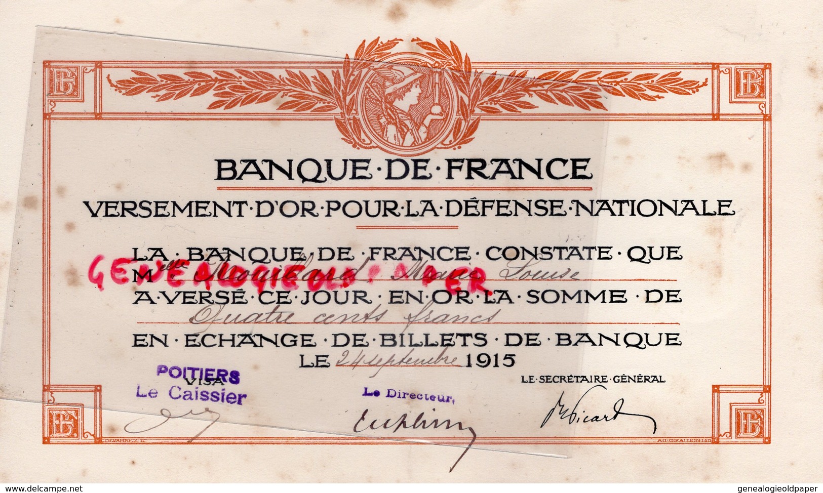 86- POITIERS-- VERSEMENT OR DEFENSE NATIONALE -BANQUE DE FRANCE- 400 CENTS FRANCS- 1915- MARIE LOUISE ROUILLARD - Bank En Verzekering
