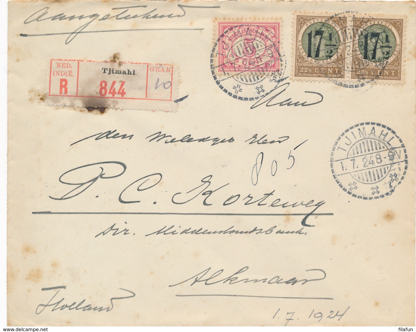 Nederlands Indië - 1924 - 2x 17,5 Op 22,5 Cent Wilhelmina Type Veth + 5 Cent Op R-cover Van LB Tjimahi Naar Alkmaar - Niederländisch-Indien