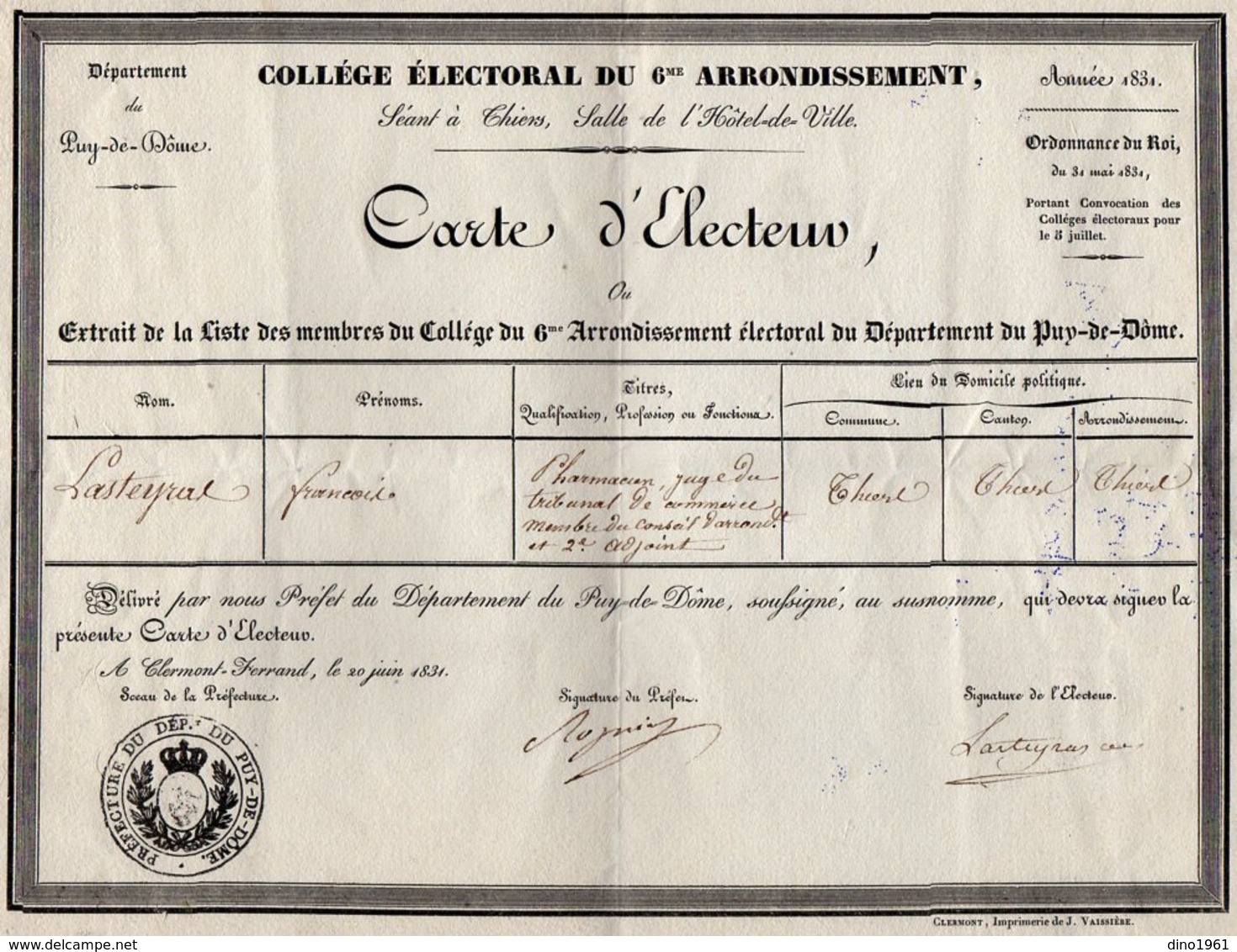 VP14.898 - CLERMONT - FERRAND 1831 - Grande Carte D'Electeur - Mr F. LASTEYRAS Pharmacien à THIERS - Autres & Non Classés