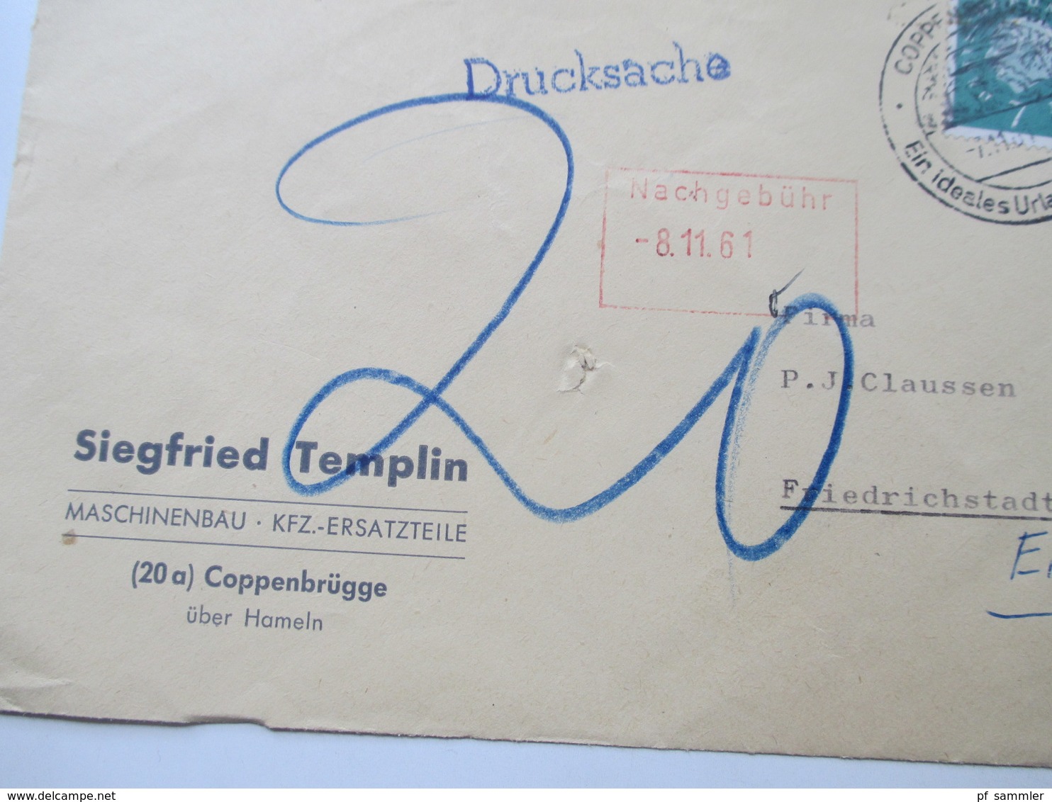 Friedrichstadt Eider Posten 2 Freistempel Belege / 1x Nachporto / 2 Karten / Aufkleber und 2 Notgeldscheine von 1921