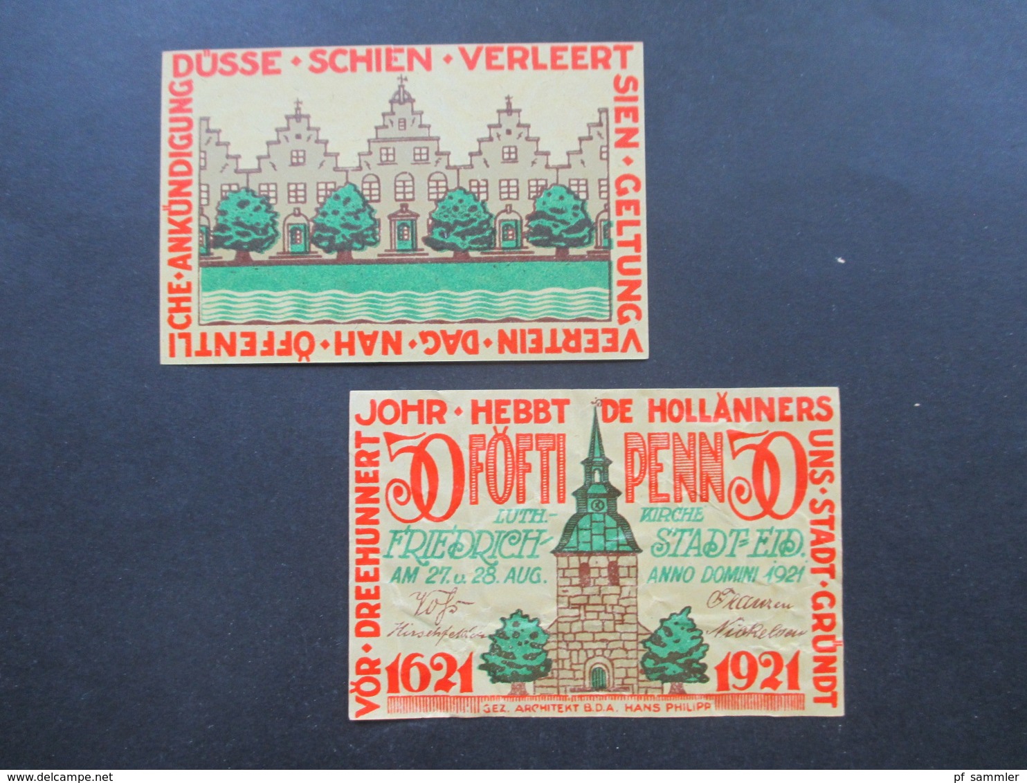 Friedrichstadt Eider Posten 2 Freistempel Belege / 1x Nachporto / 2 Karten / Aufkleber und 2 Notgeldscheine von 1921