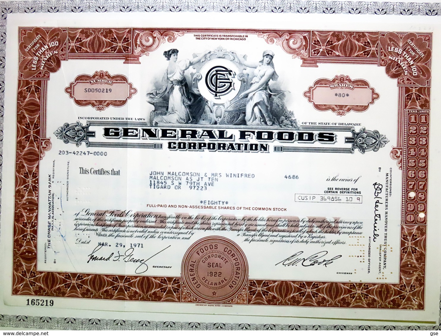 General Foods Corporation 1971 - Certificato N°165219 - G - I