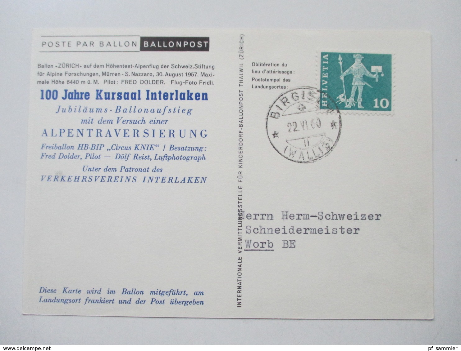 Ballonpost 1959 - 65 Schweiz Circus Knie usw. und 1x Österreich 1975 Private Ballonkarten Flüge. Schöne Motive