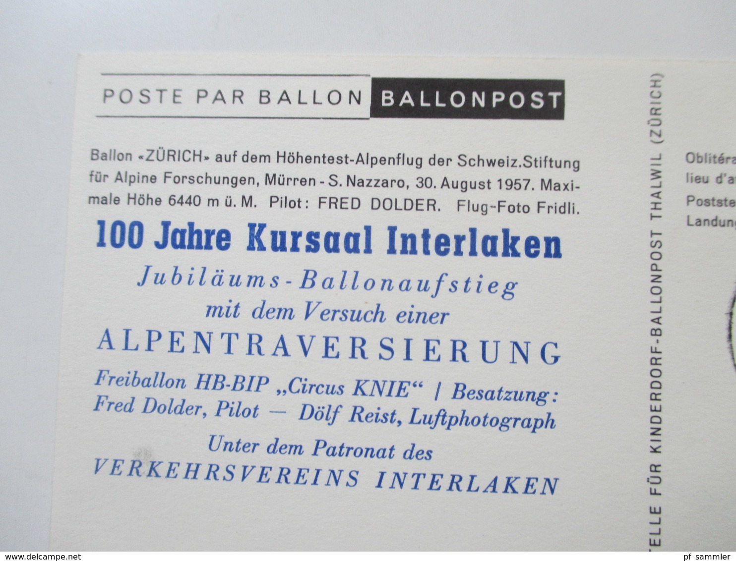 Ballonpost 1959 - 65 Schweiz Circus Knie usw. und 1x Österreich 1975 Private Ballonkarten Flüge. Schöne Motive