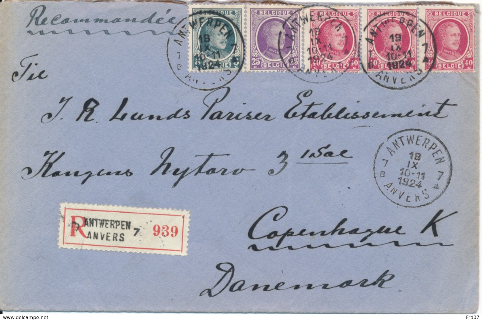 Aangetekende Brief Antwerpen 7  18 IX 1924 Naar Kopenhagen 20 9 24 - Frankering 1.50Fr 3 Kleuren - 1922-1927 Houyoux