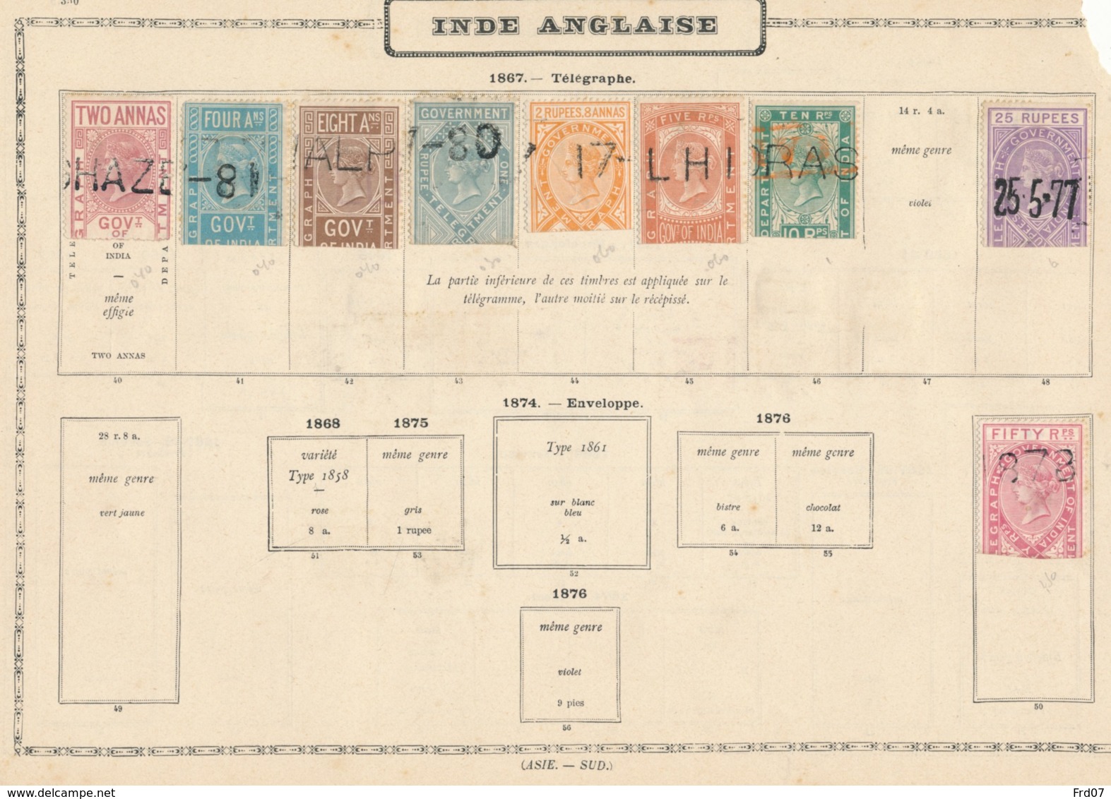 Inde Anglaise - - 1867 Timbre Télégramme Sur Vieille Feuille D’album. - 1858-79 Compagnie Des Indes & Gouvernement De La Reine