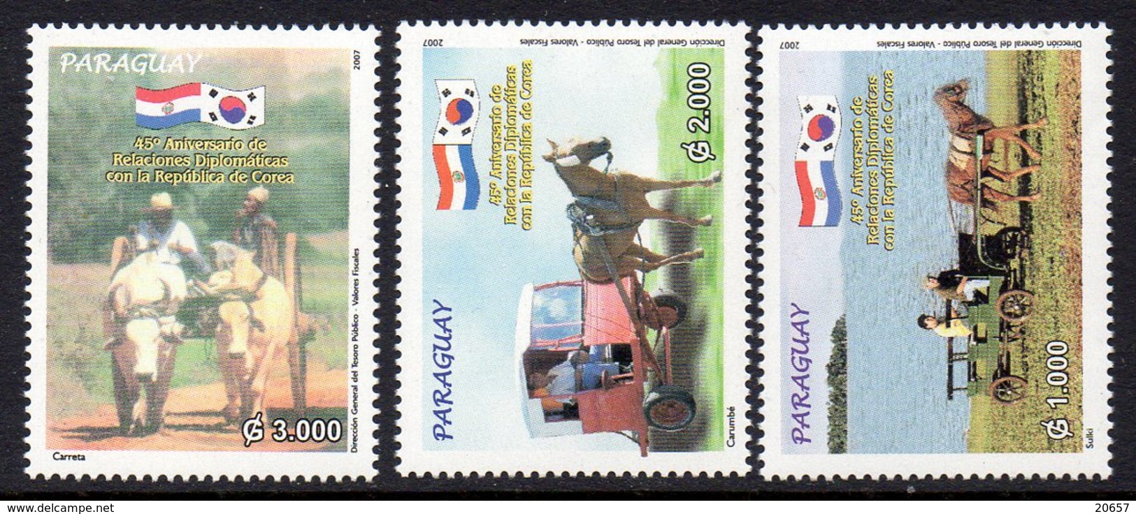 Paraguay 2976/78 Transports Hippomobiles , Corée Du Sud , Drapeaux , Vache , Bœuf , Cheval - Emissions Communes