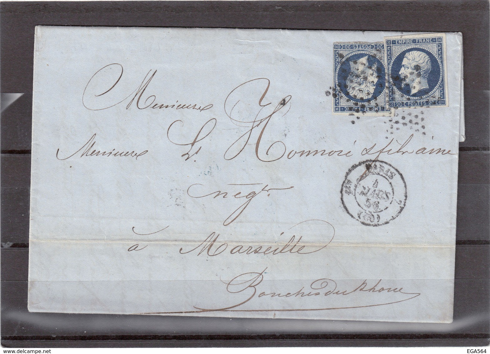 E41 - N°14 Sur Lettre De PARIS Pour MARSEILLE Du 4 MARS 1856 - Port Double- Bleu Foncé - - 1853-1860 Napoléon III