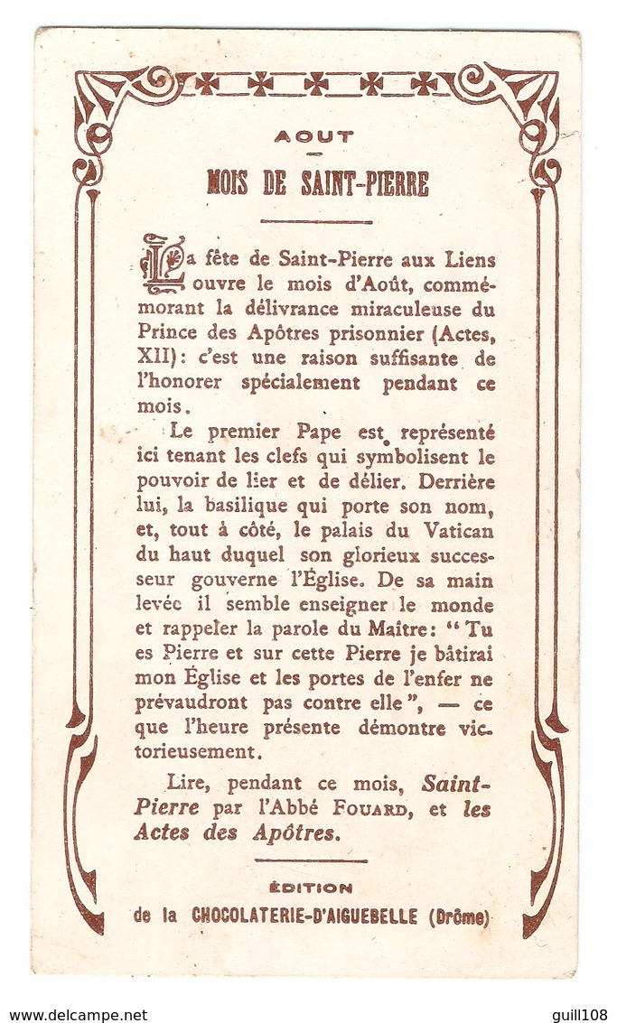 Jolie Chromo Chocolat Aiguebelle Les Mois Religieux Août Saint Pierre Prayer Holy Card A5-51 - Aiguebelle
