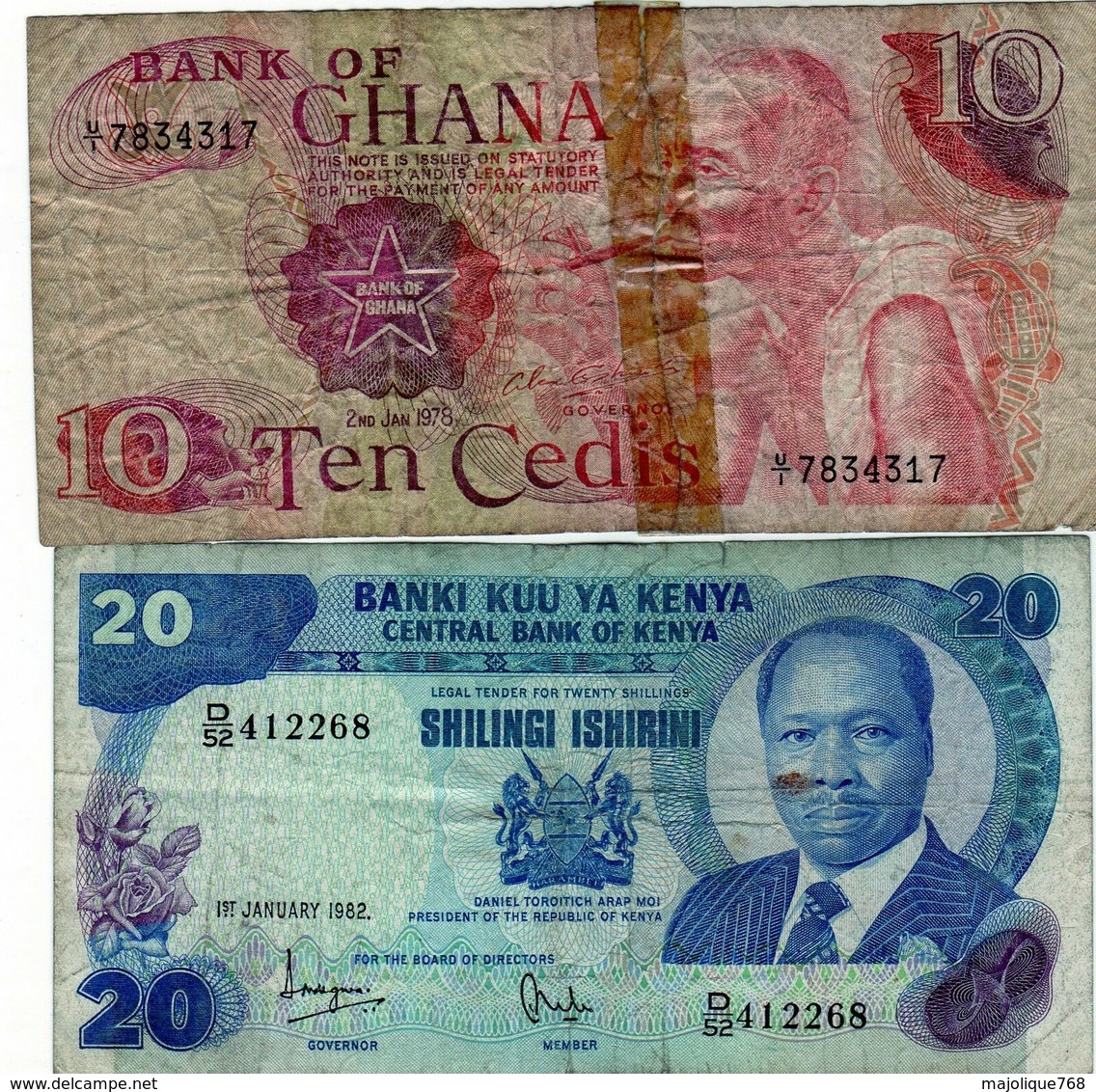 2 Billets 1 Du Ghana 10 Cedis 1978 Et 1 Du Kenya 20 Shillings Du 01-01-1982 - - Ghana