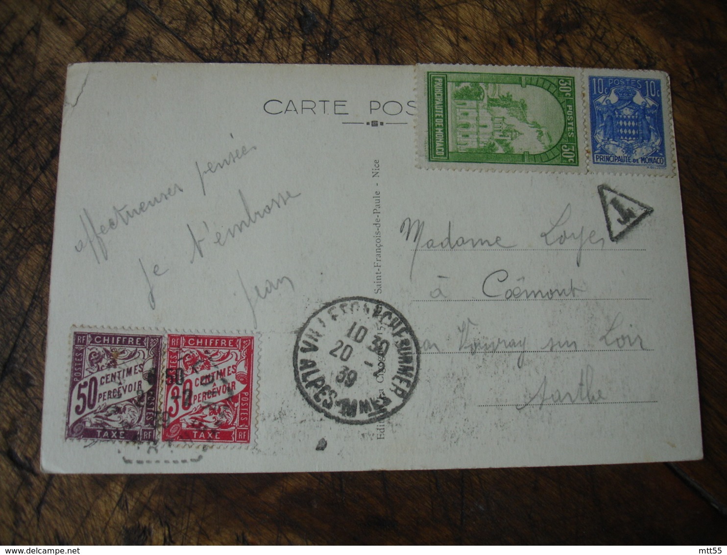 Lettre Taxee Timbre  2 Timbre Duval Chiffre Taxe 50 Et 0 C Lettre De Monaco - 1859-1959 Lettres & Documents