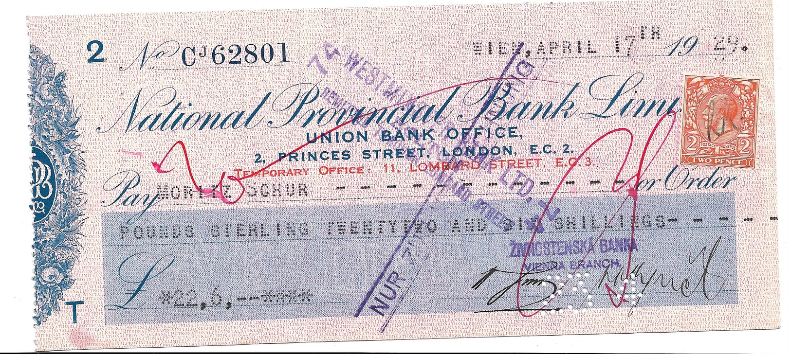 WIEN ZMNOSTENSKA BANKA  1929  NATIONAL PROVENCIAL BANK LIMITED  LONDON - Assegni & Assegni Di Viaggio