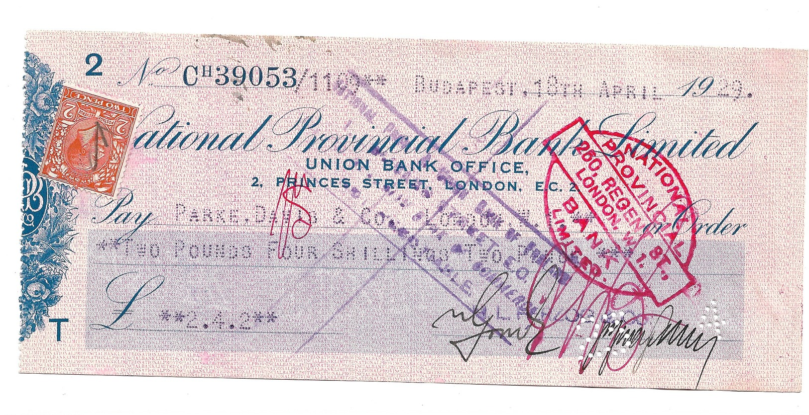 BUDAPEST  1929  NATIONAL PROVENCIAL BANK LIMITED  LONDON - Chèques & Chèques De Voyage