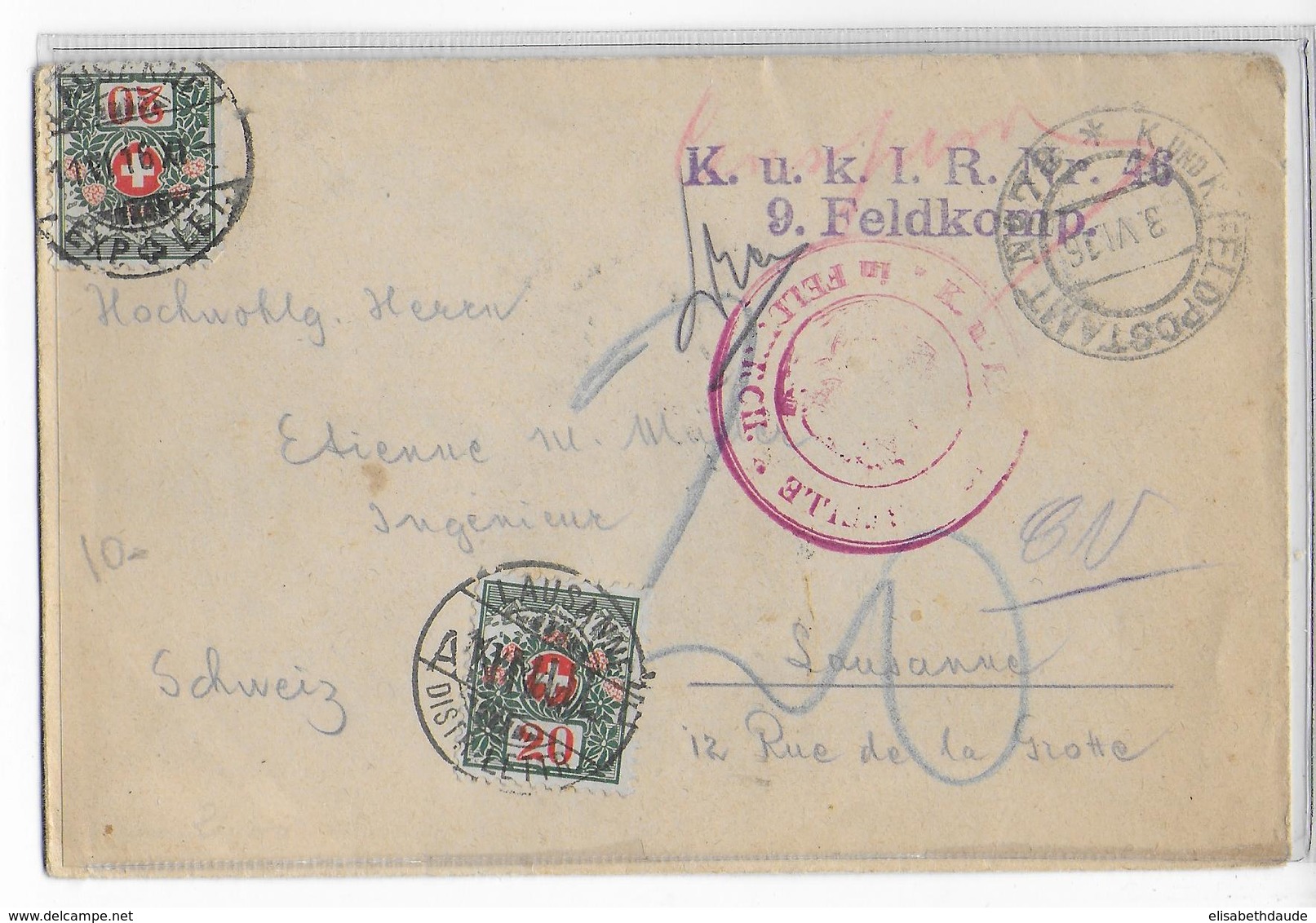 1916 - TAXE SUISSE Sur CARTE FELDPOST AUTRICHE KuK Nr.46 Avec CENSURE => LAUSANNE - Impuesto