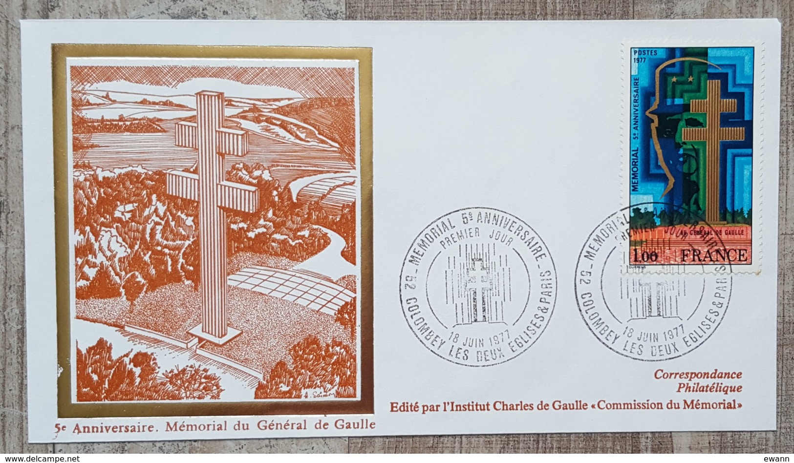 FDC 1977 - YT N°1941 - MEMORIAL CHARLES DE GAULLE - COLOMBEY LES DEUX EGLISES - 1970-1979