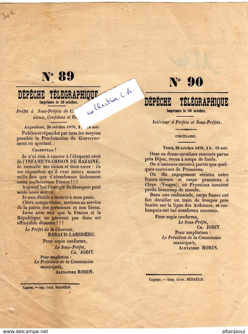 GUERRE 1870- 71-  D18  1 - Dépeche Télégraphique 30 Oct. 1870. - Historische Dokumente