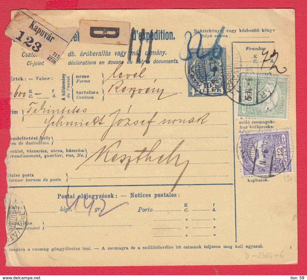 241137 / Bulletin D'Expédition 1911 - 10 12+60 Filler , KAPUVAR - KESZTHELY , Hungary Ungarn Hongrie Ungheria - Parcel Post