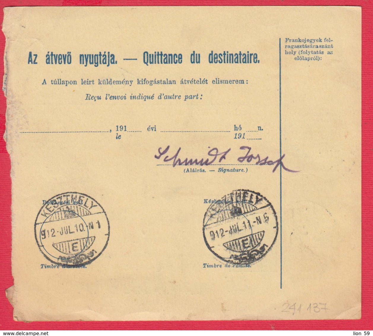 241137 / Bulletin D'Expédition 1911 - 10 12+60 Filler , KAPUVAR - KESZTHELY , Hungary Ungarn Hongrie Ungheria - Pacchi Postali