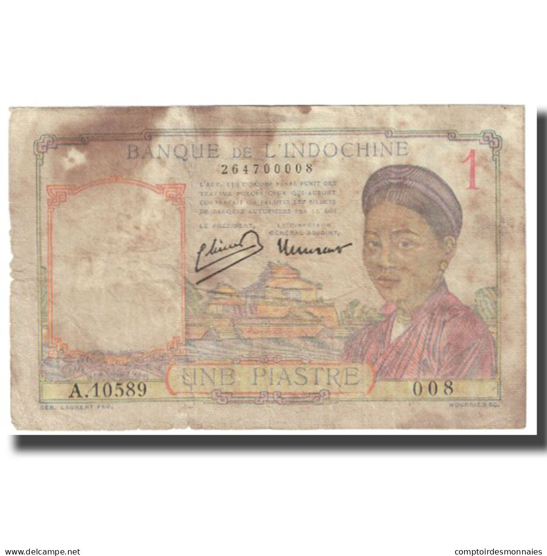 Billet, FRENCH INDO-CHINA, 1 Piastre, KM:52, B - Indochina