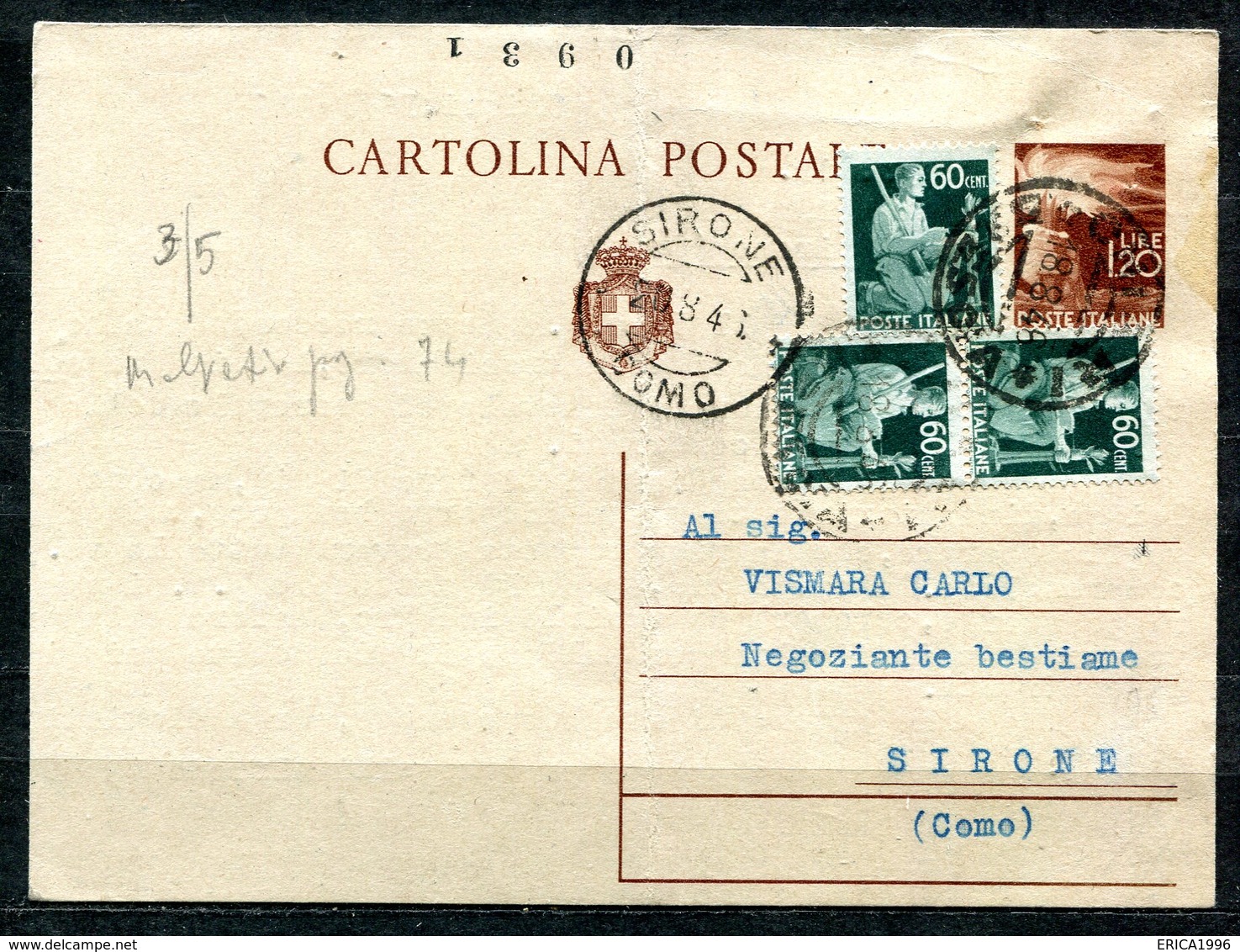 Z1481 ITALIA REPUBBLICA 1946 Cartolina Postale 1,20 L. (Fil. C127), Con Affrancatura Aggiuntiva (democratica C. 60 X 3), - Interi Postali